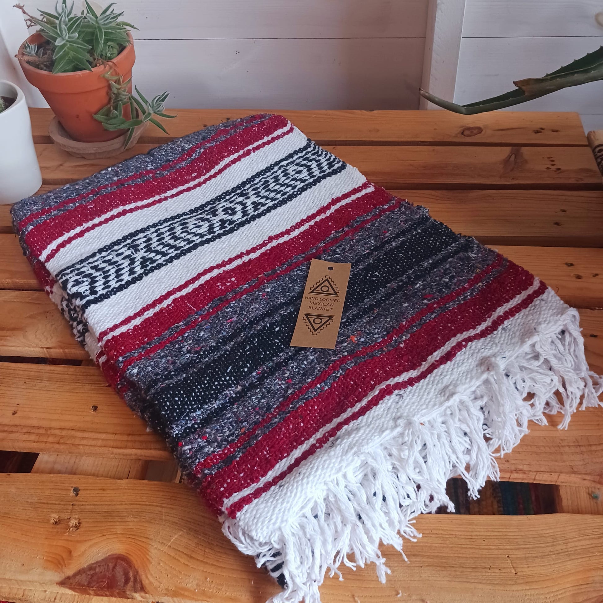 Mexican Falsa Blanket | Traditional hand loomed Rug  | Maroon  120cm × 185cm