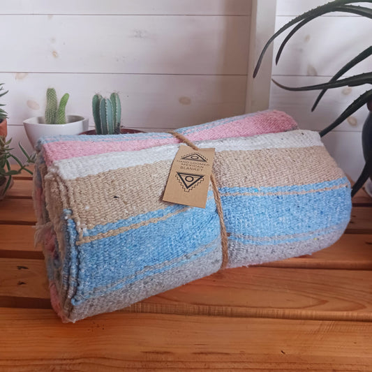 Mexican Bird Blanket - Pastel Stripe  | Traditional hand loomed Mexican Blanket