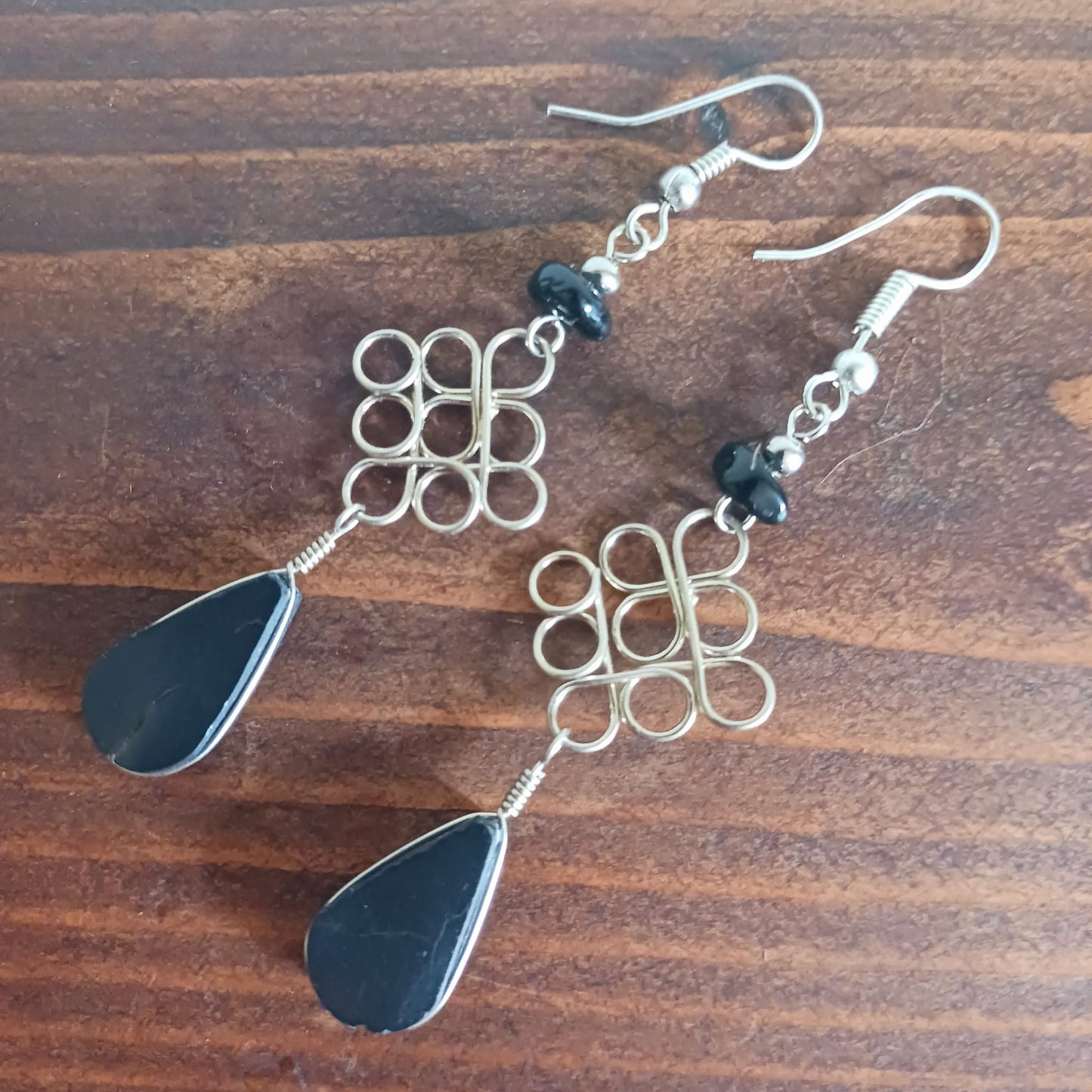 Peruvian Stone Drop Earrings Silver Plated Hooks | Black