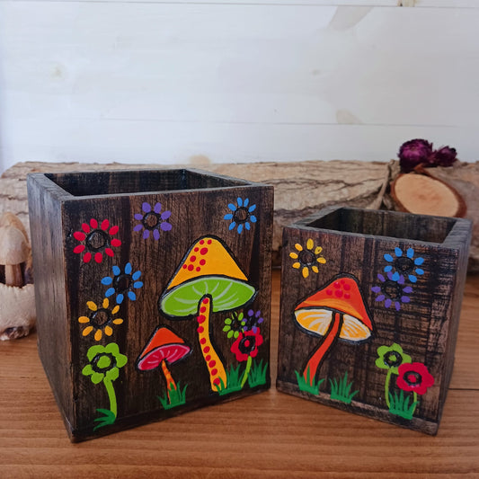 Set of Mushroom Wooden Storage Pots