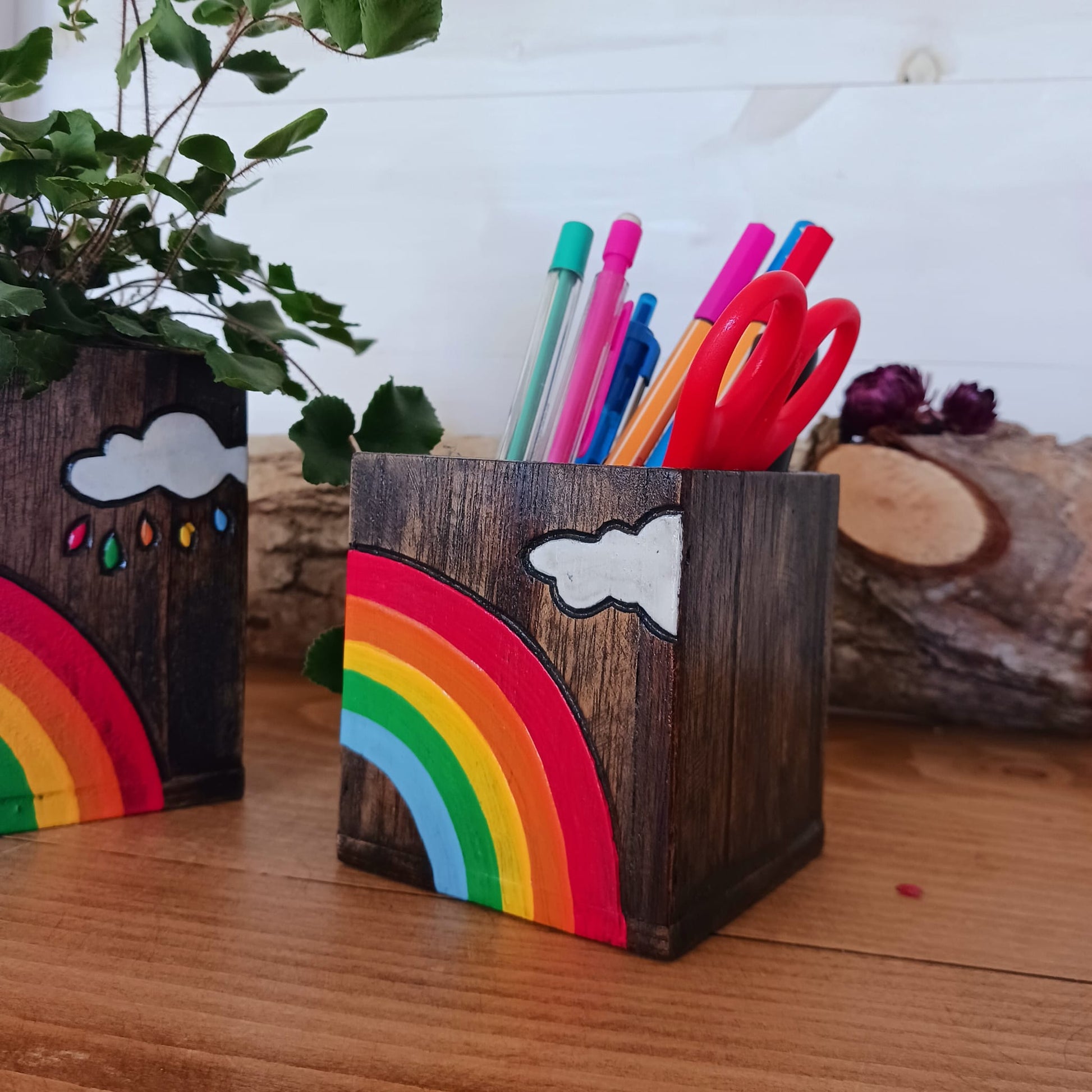 Set of Rainbow Wooden Pots | Wooden Rainbow pots Office desk pots