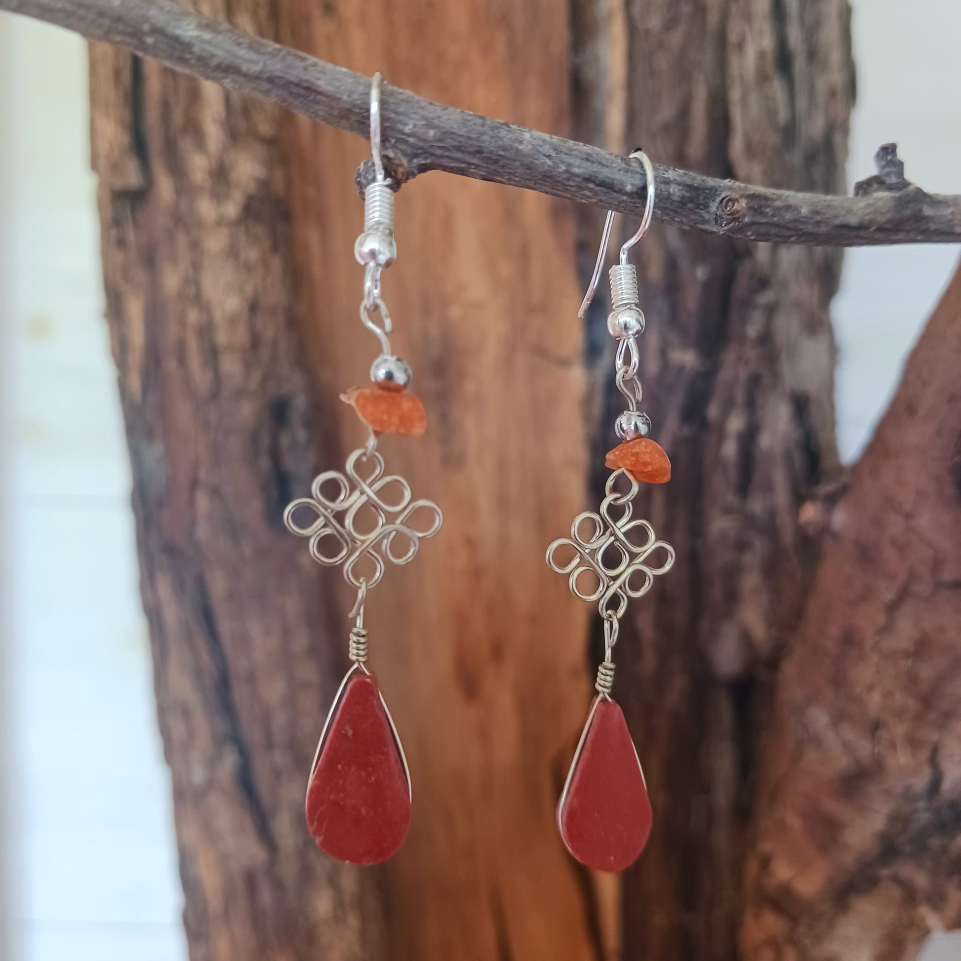 Peruvian Stone Drop Earrings Silver Plated Hooks | Amber