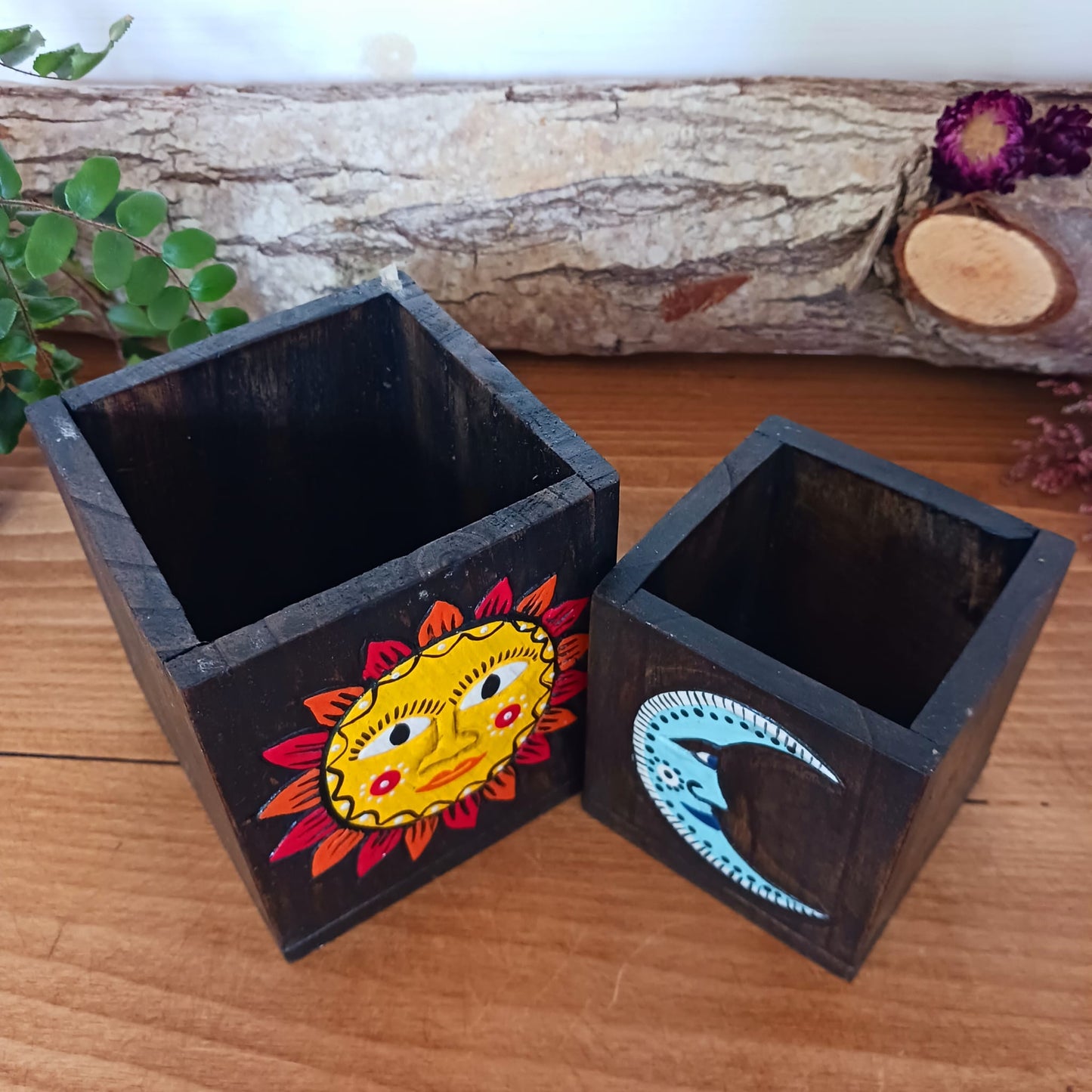 Set of Hand Painted Sun & Moon Wooden Pots