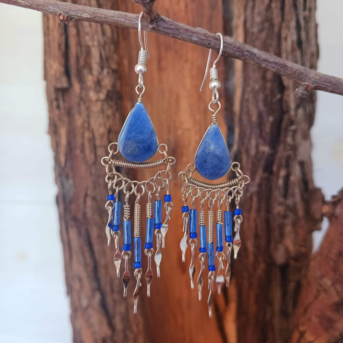 Peruvian Stone Tear Drop Earrings Silver Plated Hooks