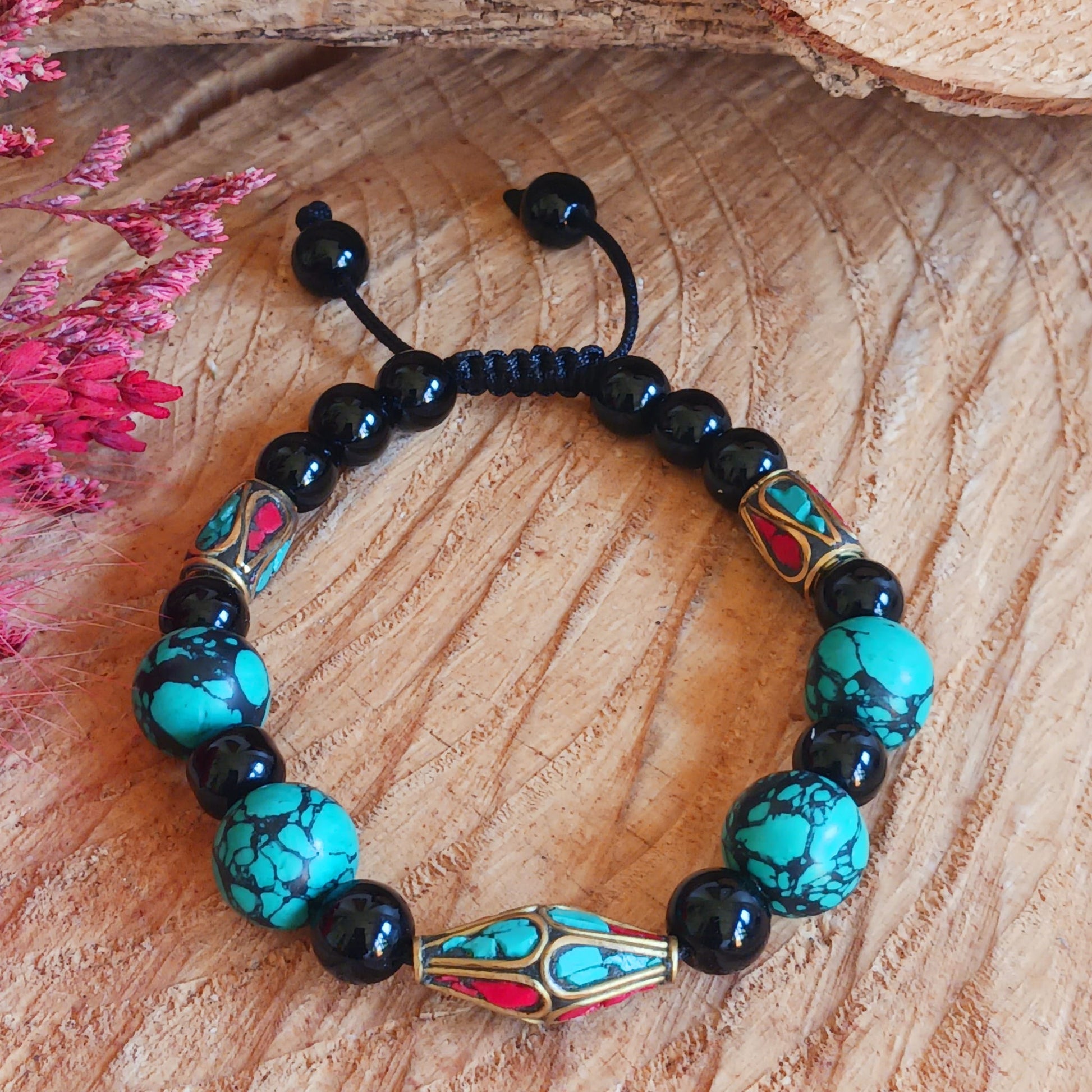 Nepali Bead Bracelet - Turquoise, Coral & Black Agate | Adjustable