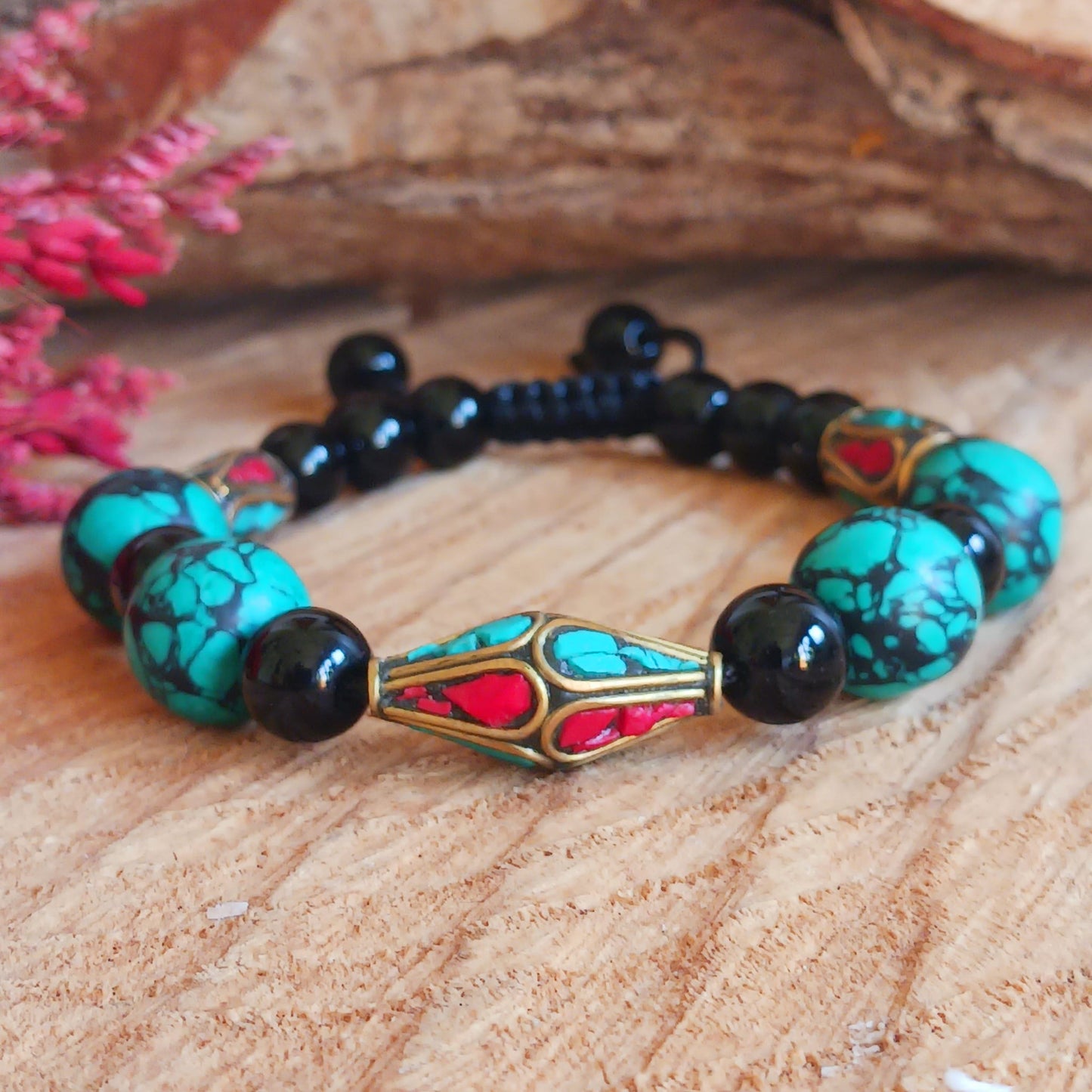 Nepali Bead Bracelet - Turquoise, Coral & Black Agate | Adjustable