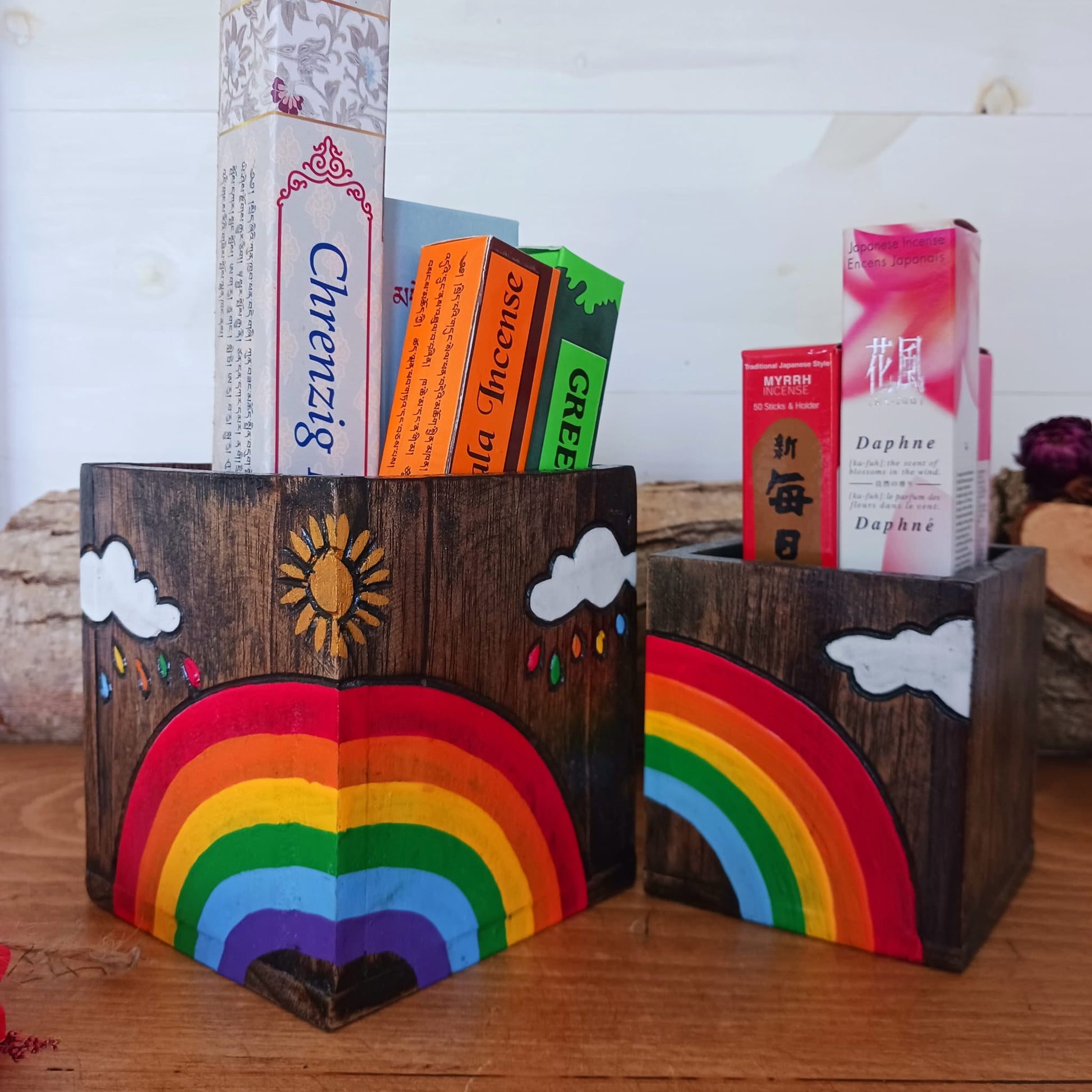 Set of Rainbow Wooden Pots | Wooden Rainbow pots Office desk pots