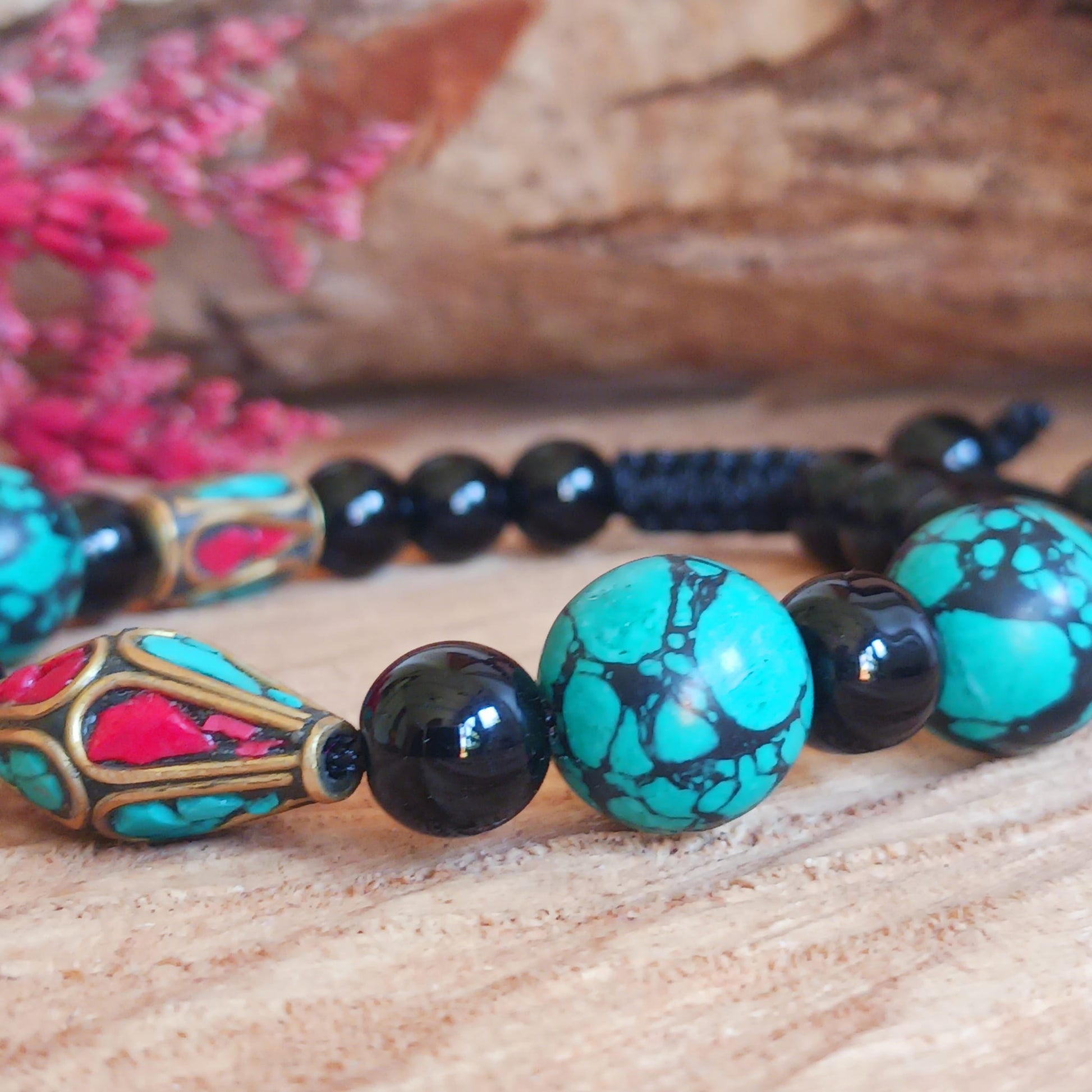 Nepali Bead Bracelet - Turquoise, Coral & Black Agate | Adjustable