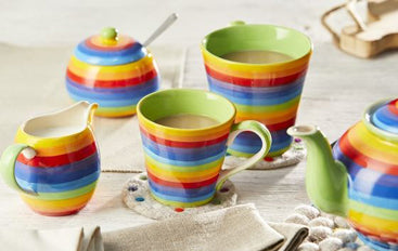 Rainbow Teapots and Teacups, plates and sugar bowls 