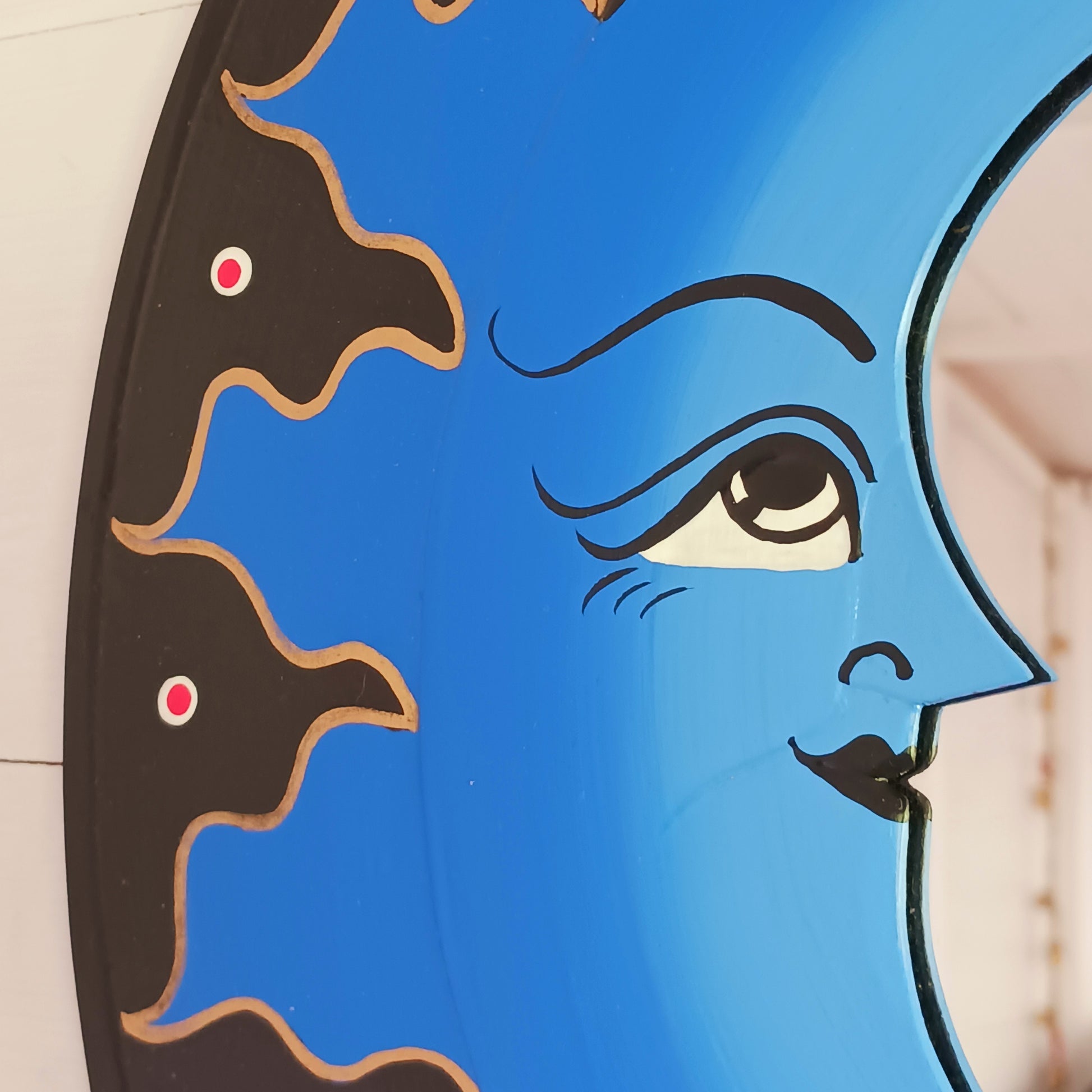 Transform your space with the enchanting Dark &amp; Light Moon Mirror. Designed with a striking dark blue and black painted wooden frame, this mirror blends whimsy and mystery to create an eye-catching focal point in any room. Perfect for adding a dreamy, celestial vibe, it reflects light beautifully while inspiring imagination and creativity.