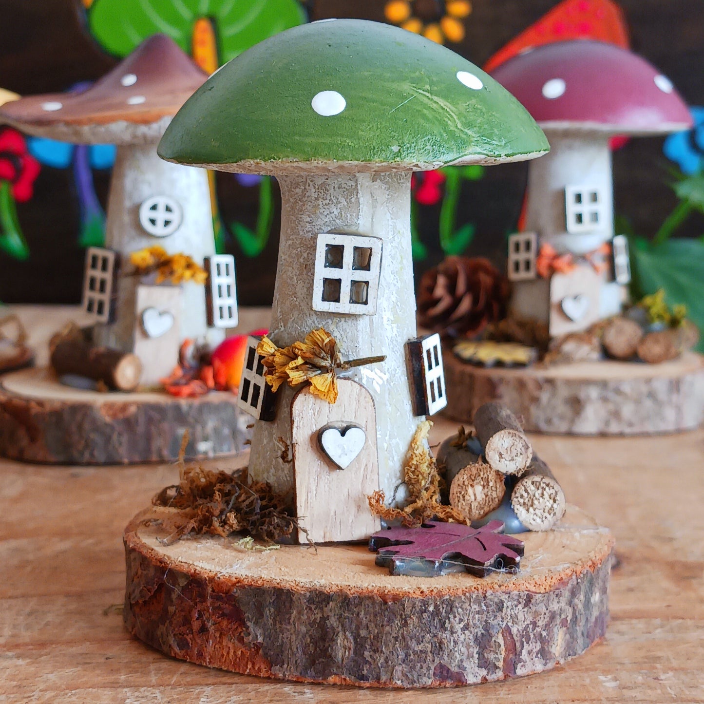 Add a whimsical touch to your home with these charming folk art mushroom cottages. Perfect for all occasions, these handcrafted ornaments are made from high-quality polystone and wood, featuring delightful details and a rustic base made from natural wood slices. Whether placed on a shelf, desk, or windowsill, these miniature cottages bring warmth and personality to any space. Ideal for gifting or as a unique addition to your home décor collection.