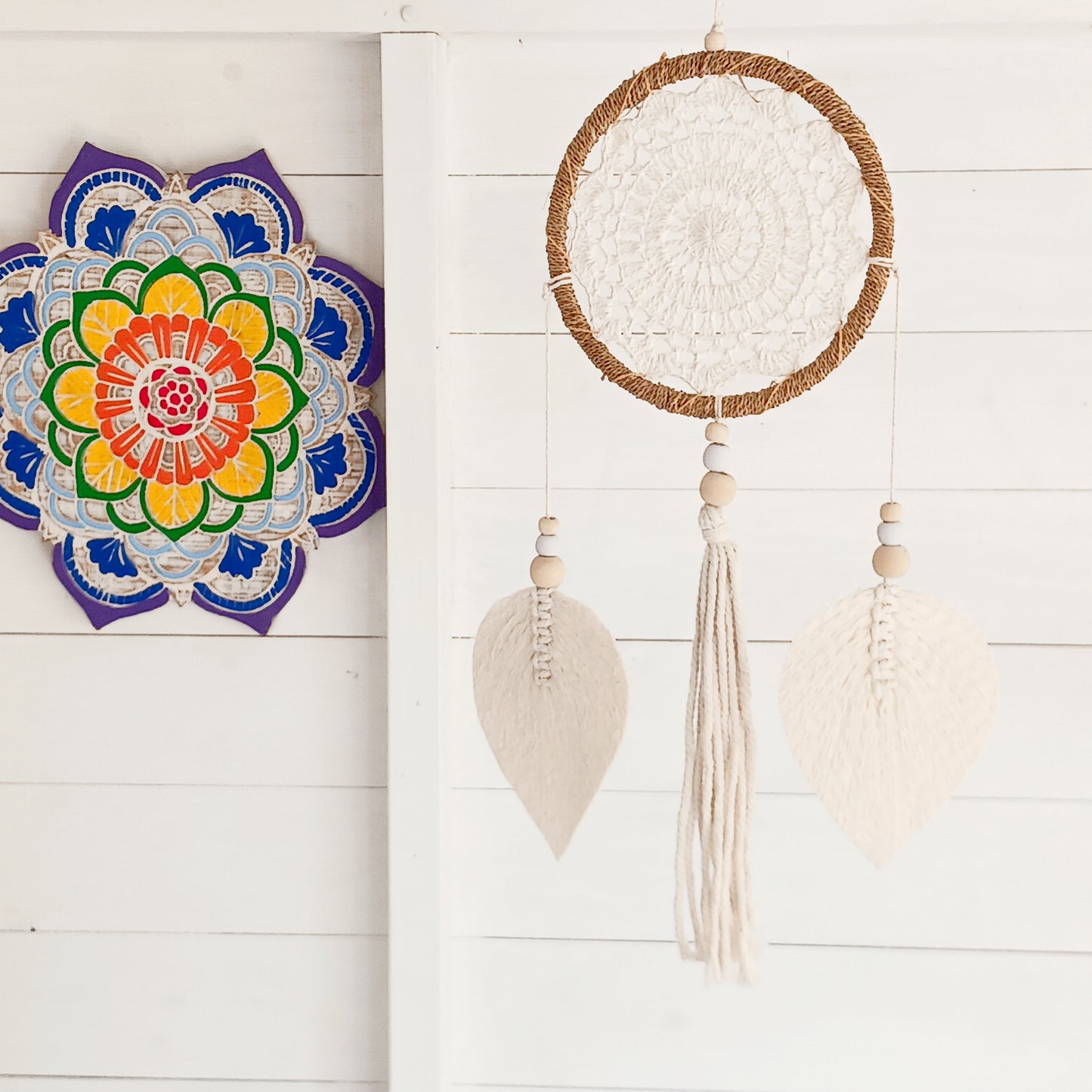 Bring peace, balance, and natural elegance into your home with this handmade Medium Natural Elemental Spirits Dream Catcher. Crafted with love and care on the spiritually blessed island of Bali, this vegan-friendly piece is made entirely from natural materials, free of feathers. Its earthy tones and organic textures create a warm and grounding presence, perfect for bedrooms, meditation spaces, or as a thoughtful gift.
