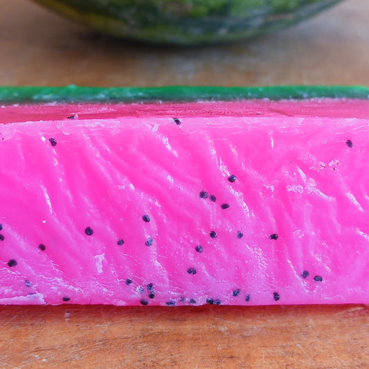 Treat yourself to a wonderfully fragrant Watermelon Handmade Soap, lovingly made using the melt-and-pour method with quality ingredients. Bursting with a fresh, tropical watermelon scent, this beautiful soap contains poppy seeds to provide gentle exfoliation, helping to buff away dry, dead skin and leave your skin feeling smoother, softer and refreshed.
