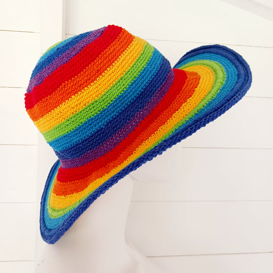 Brighten up your summer with this vibrant handmade crochet cotton sun hat! Featuring a stunning rainbow pattern, this unique hat is perfect for holidays, beach days, and festivals.