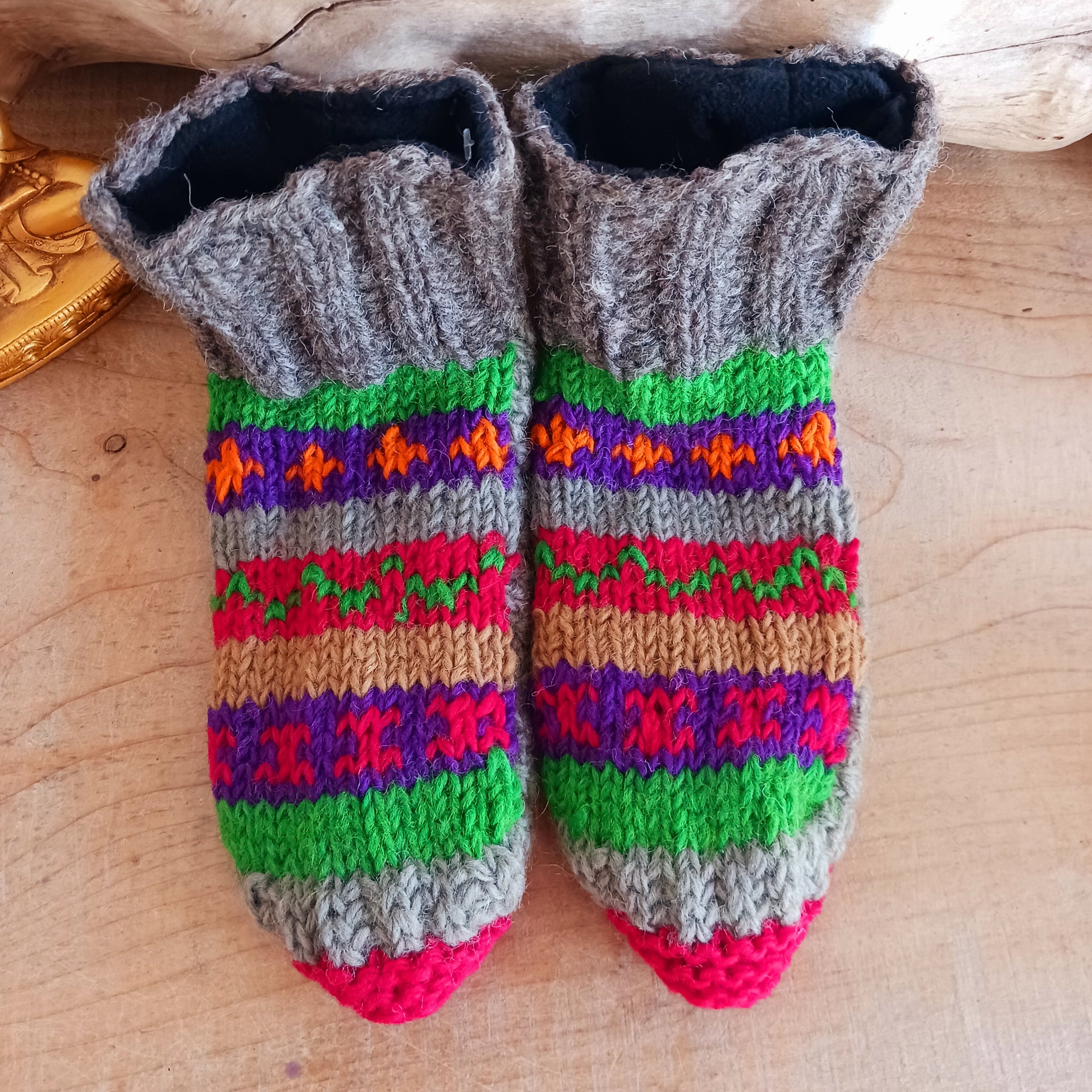 These lovely Meditation Mules are handmade and Fairtrade from Nepal. Ideal to keep your feet warm and toasty during the cold winter months, or as a gift for family and friends.