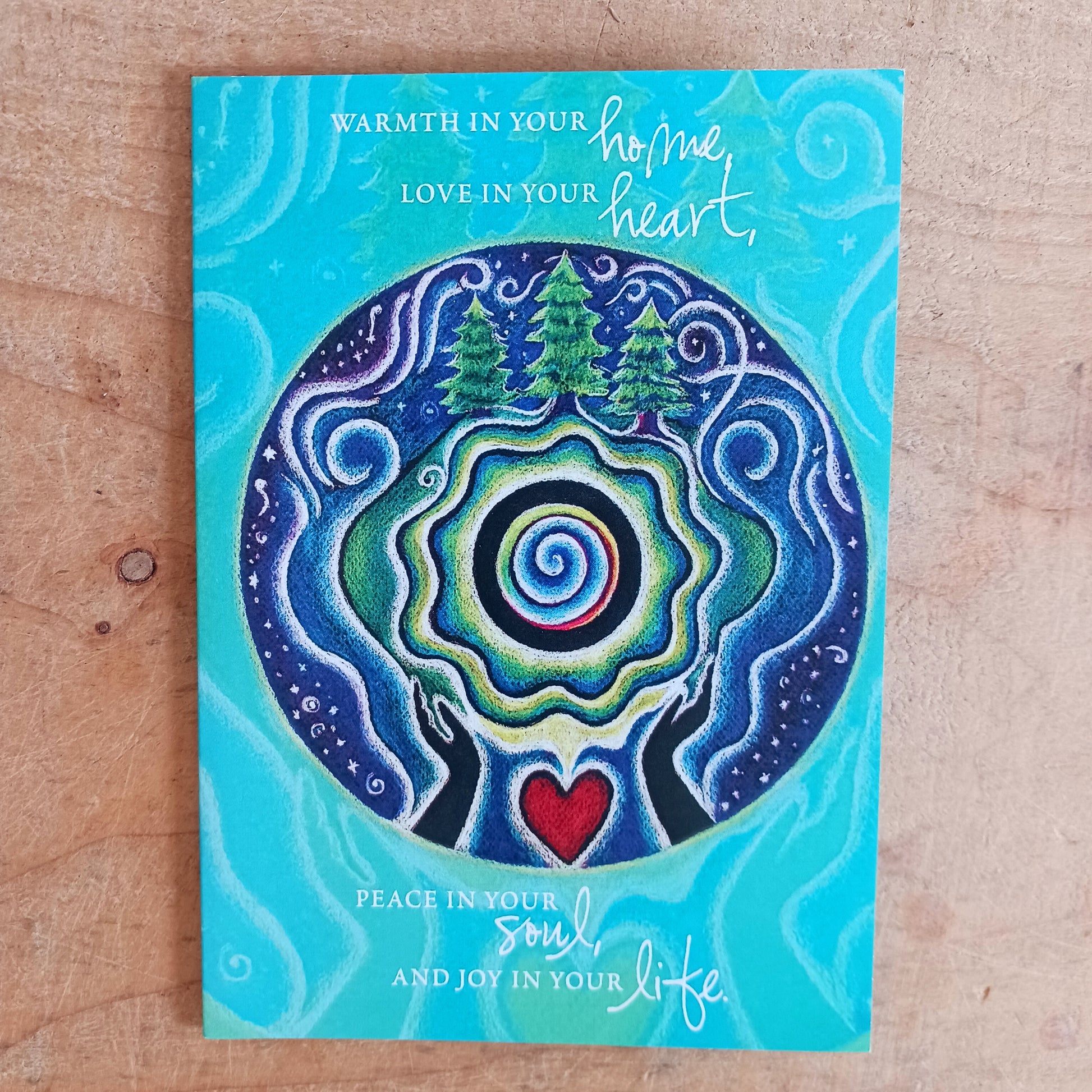Lovely Holiday Mandala Tree Free Greeting Card marking the Winter Solstice that comes with an illustrated envelope. Each card also has faint artwork inside.