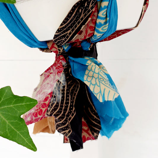 These beautiful sari plant hangers will add a splash of colour and boho chic to your home. Made from scraps of used sari, their simple design ensures that no fabric is wasted but is re-purposed into an elegant product.