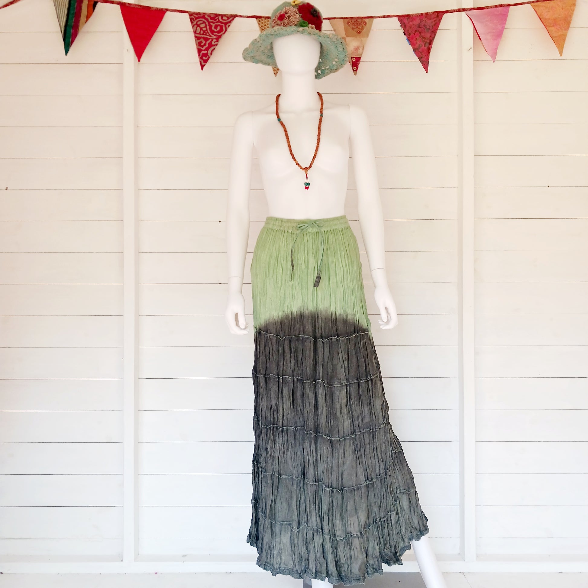 This beautiful Indian crinkle skirt is lovely and light so you can move with ease and comfort on a sunny day or a hot night. Made from rayon crepe, you can’t go wrong with this lovely skirt, it will add to your flowing summer style. And as rayon is quick drying, it also makes this a great beach cover up skirt.
