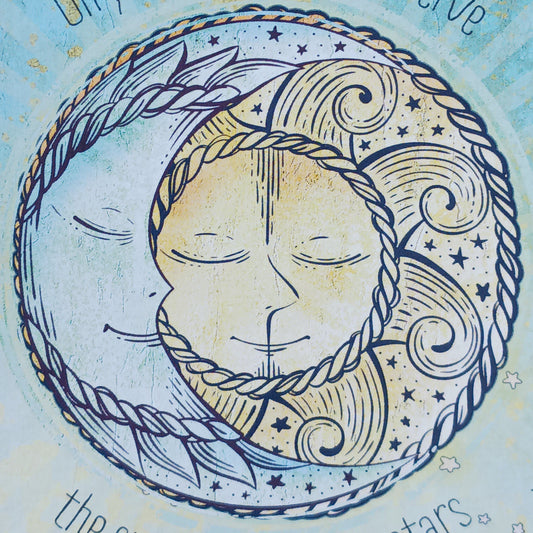 Sun, Moon and Stars greetings card for birthday. Inside the message reads: .....and so much more! Happy Birthday. The card comes with an illustrated envelope. Each card also has faint artwork inside.