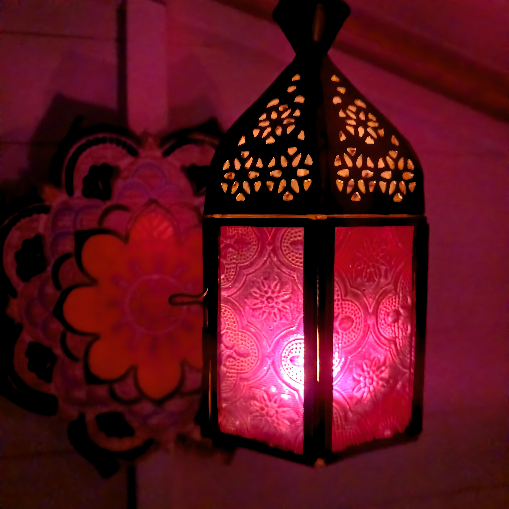 Moroccan Style Silver Finish Lantern | Pink