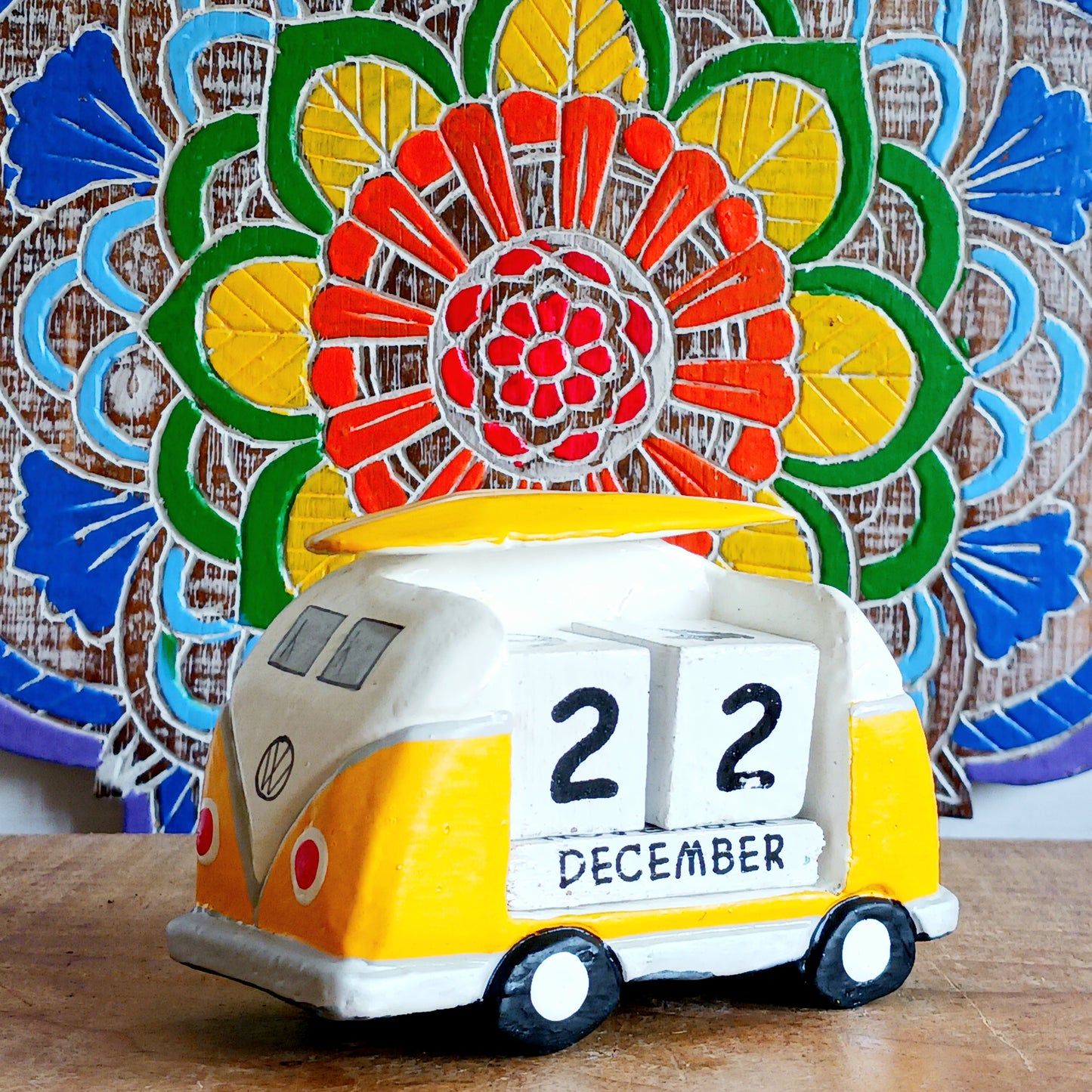 Bring the feeling of endless summer into your space with this cute yellow and white Camper & Surfboard Perpetual Calendar. Featuring a retro-inspired camper with a surfboard on top, this design captures the spirit of freedom, adventure, and life on the open road.