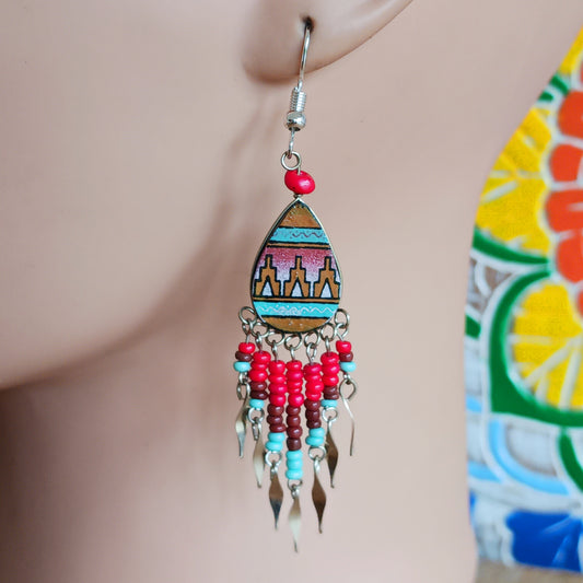 Handmade Incan teardrop earrings with traditional patterns & silver hooks. Ethically made in Peru. Unique, vibrant & perfect for Boho or gift giving.