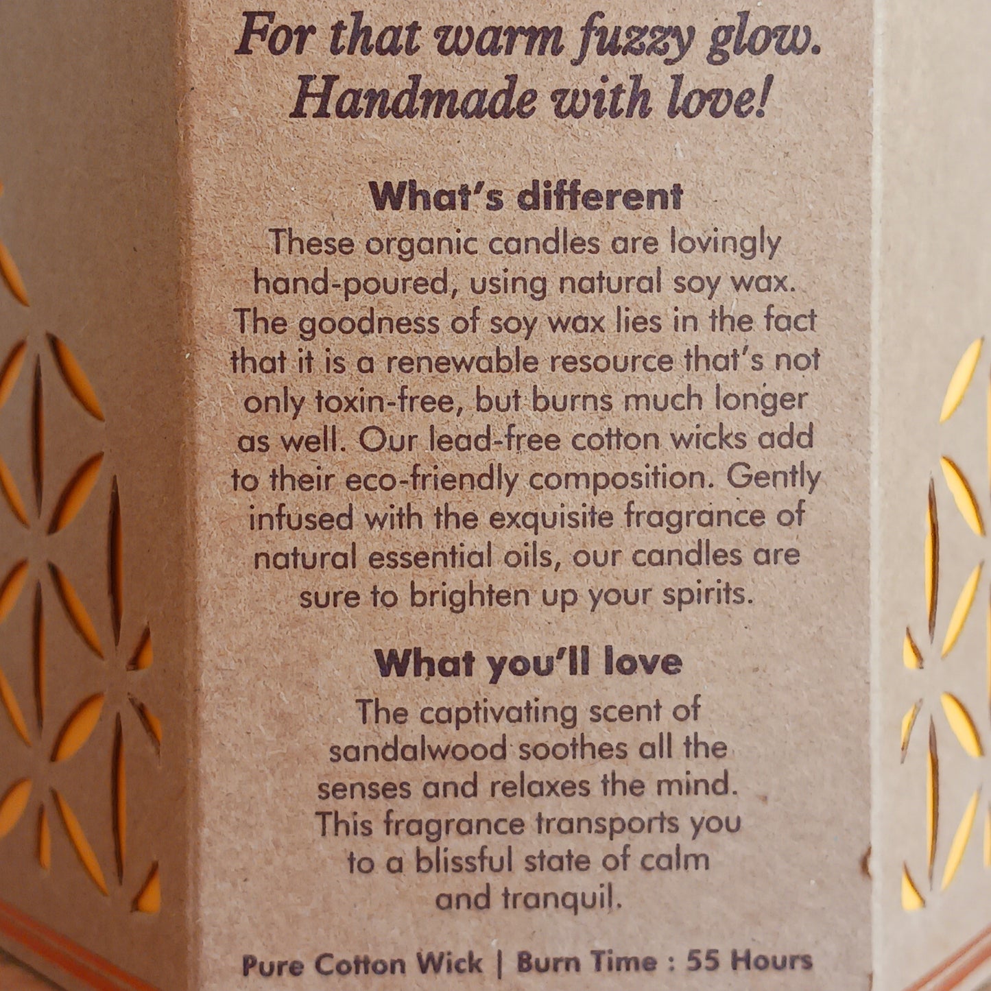 Organic Goodness candle scented with Sandalwood essential oil. The captivating scent of the sandalwood soothes all the senses and relaxes the mind