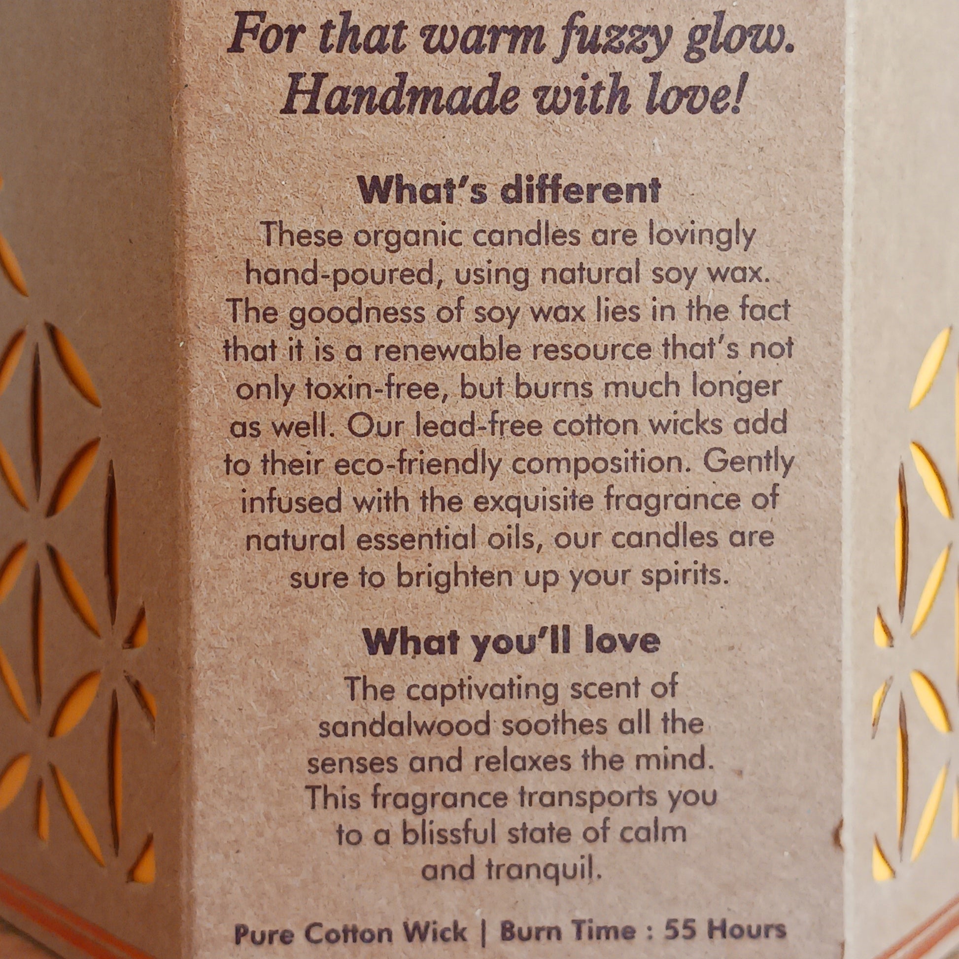 Organic Goodness candle scented with Sandalwood essential oil. The captivating scent of the sandalwood soothes all the senses and relaxes the mind