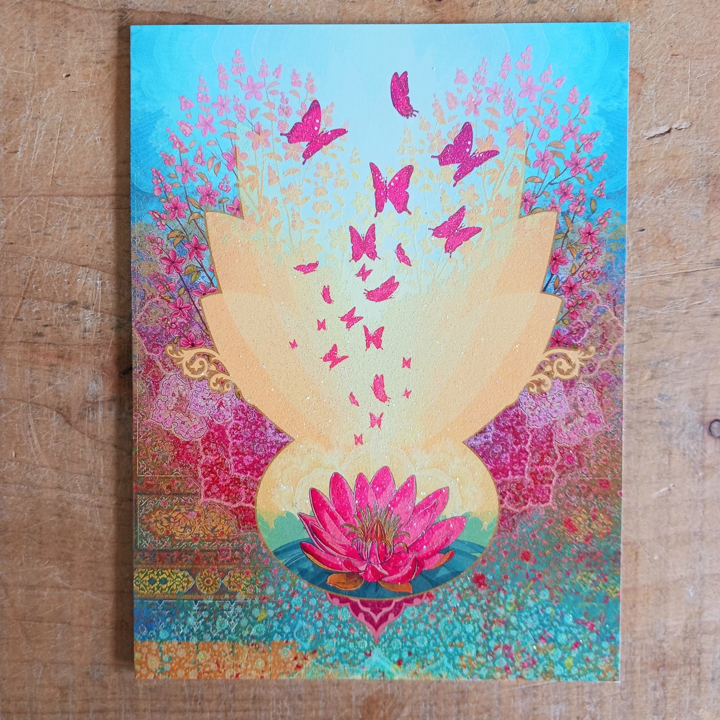 Beautifully illustrated Pink Lotus birthday card.  Inside Reads: Celebrating the day you brightened the world with your unique spirit and beautiful presence! Happy Birthday.