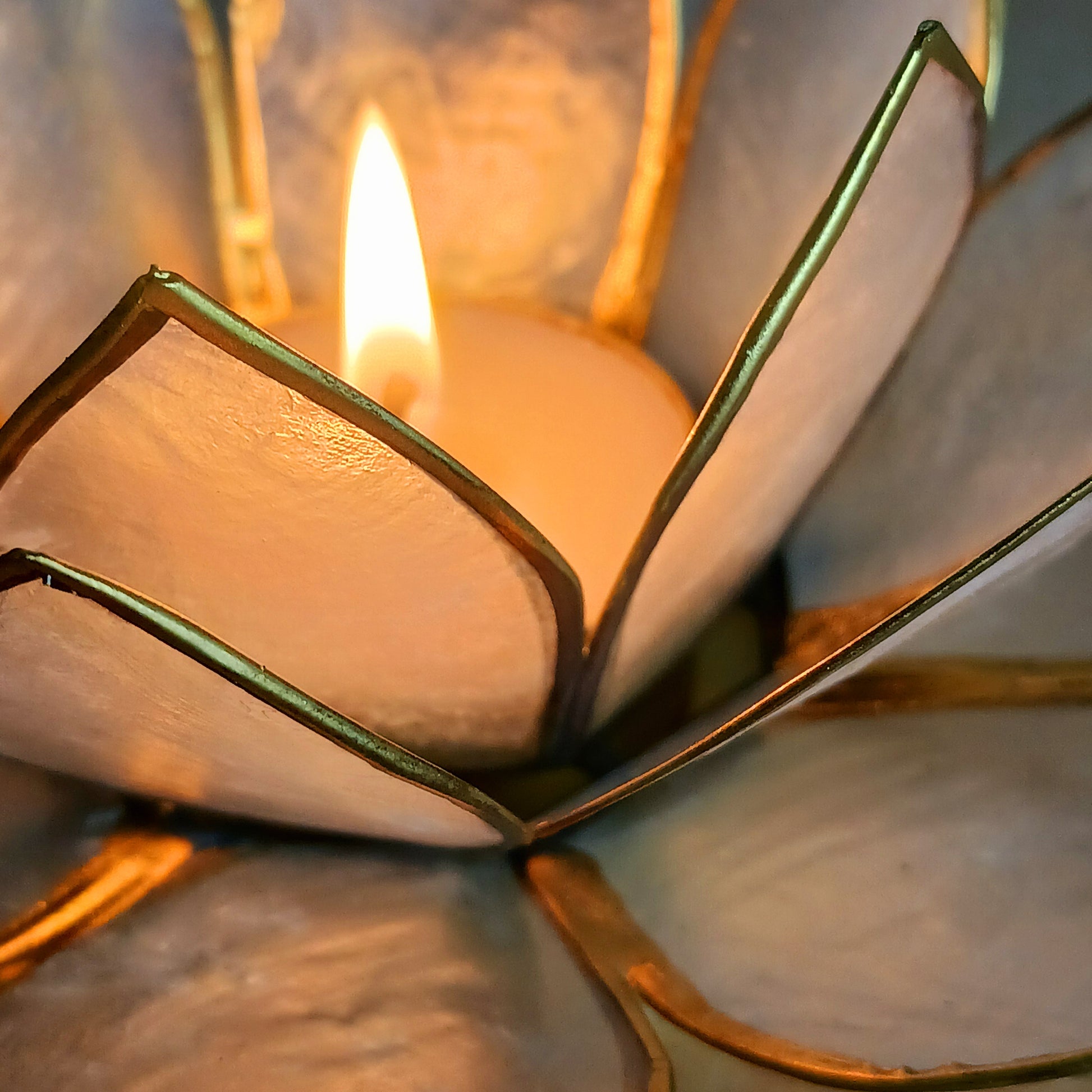 Elegant lotus candle holder made from Capiz shells. Fits 5.5cm candles. Fairtrade, handcrafted, perfect for peaceful indoor & outdoor ambiance.