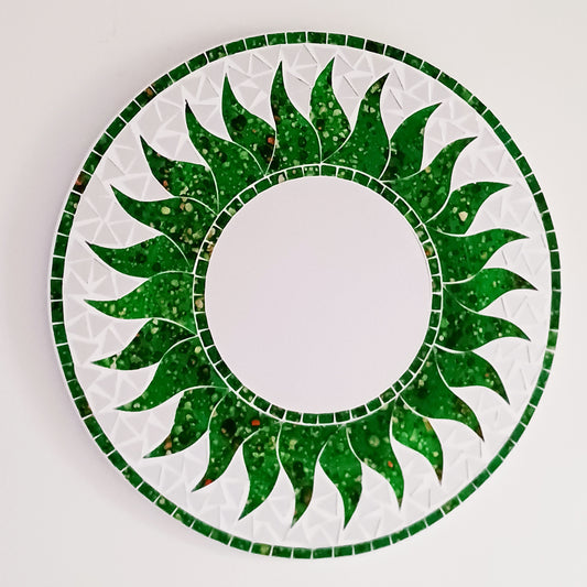Add warmth, energy, and artistic charm to your home with this beautiful Vibrant Green Mosaic Sun Mirror. Designed with dazzling green mosaic tiles arranged in a radiant sunburst pattern, this captivating wall accent instantly brightens any room.