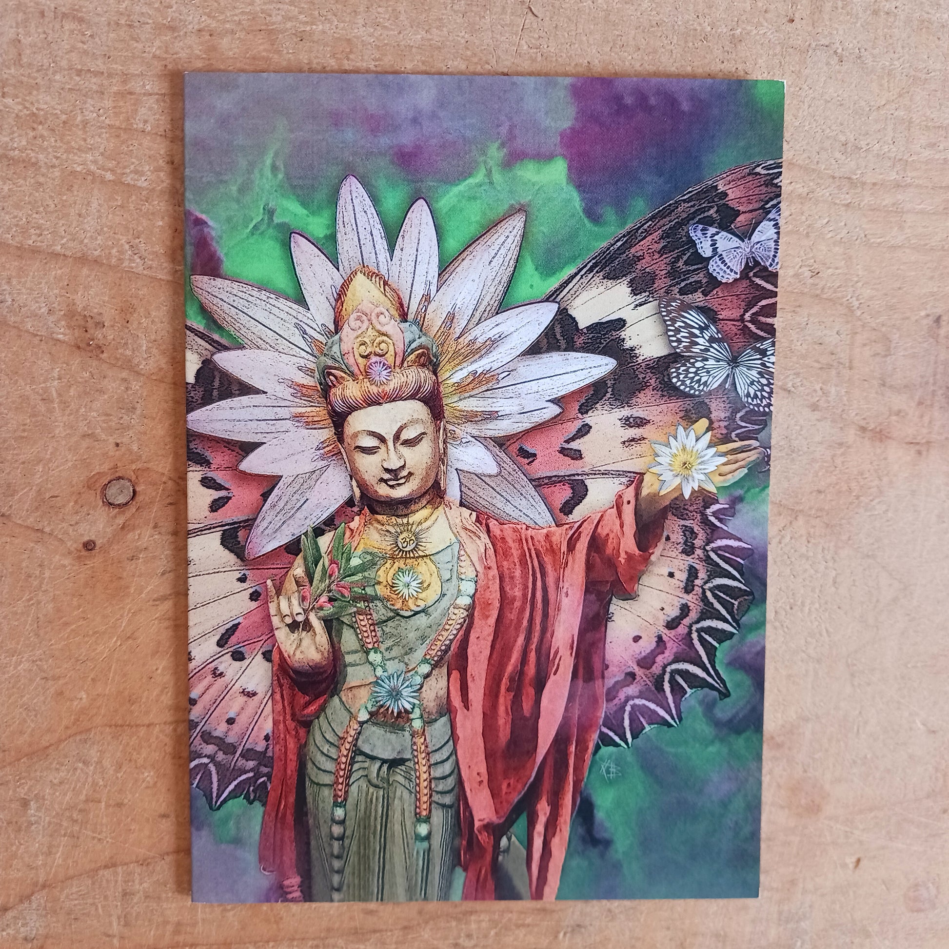 The Butterfly Buddha Greetings Card is a gentle expression of transformation, mindfulness, and spiritual renewal. Beautifully illustrated, the artwork unites the calm presence of Buddha with the butterfly, a sacred symbol of rebirth, impermanence, and the soul’s journey.