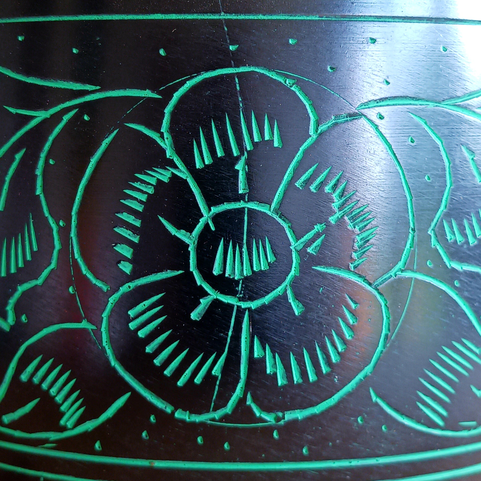 Bring a mystical and nature-inspired touch to your spiritual space with this beautifully crafted Black Aluminium Mushroom Singing Bowl. Handmade in India, this unique cauldron-style singing bowl features a striking black finish decorated with vivid green mushroom artwork, creating an eye-catching piece perfect for meditation rooms, altars, yoga studios, and bohemian interiors.