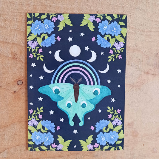 Lunar moth greetings card for all occasions. The card is blank inside for you to write your own message. The card comes with an illustrated envelope. Each card also has faint artwork inside.