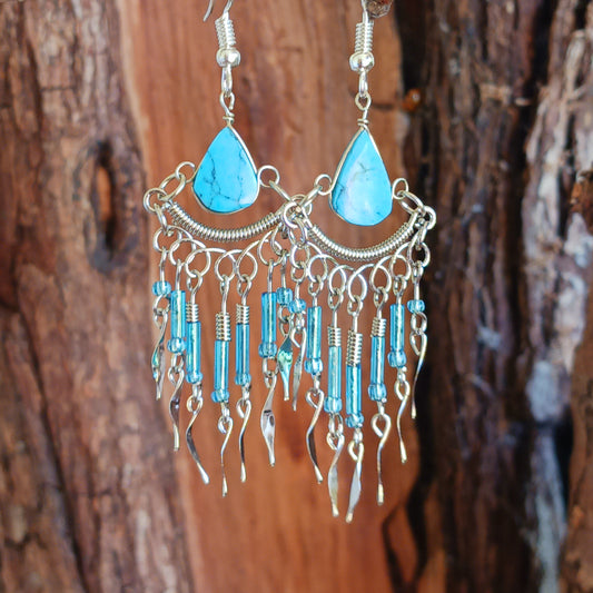 These beautiful dangly earrings incorporate Peruvian Turquoise Stone with Silver plated hooks. They have been hand made in Peru and are presented in a traditionally made pouch, gift wrapped and ready to give☸