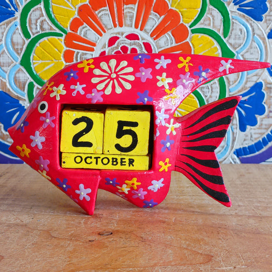 Hand-Painted Wooden Fish Perpetual Desk Calendars | Red & White