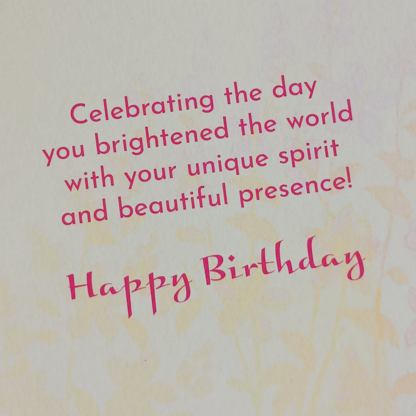 Beautifully illustrated Pink Lotus birthday card.  Inside Reads: Celebrating the day you brightened the world with your unique spirit and beautiful presence! Happy Birthday.