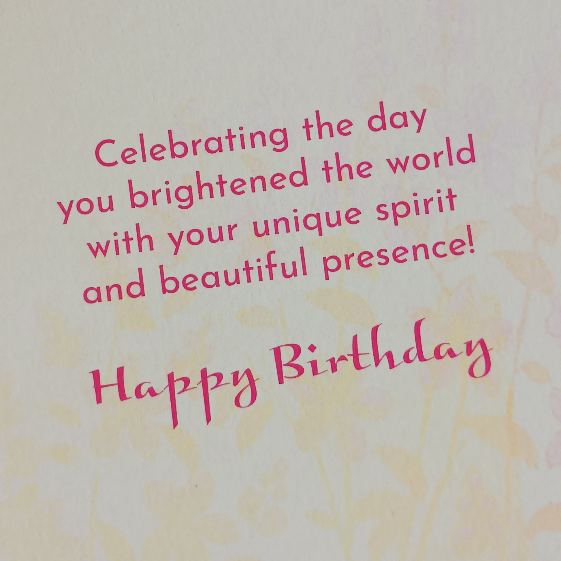 Beautifully illustrated Pink Lotus birthday card.  Inside Reads: Celebrating the day you brightened the world with your unique spirit and beautiful presence! Happy Birthday.