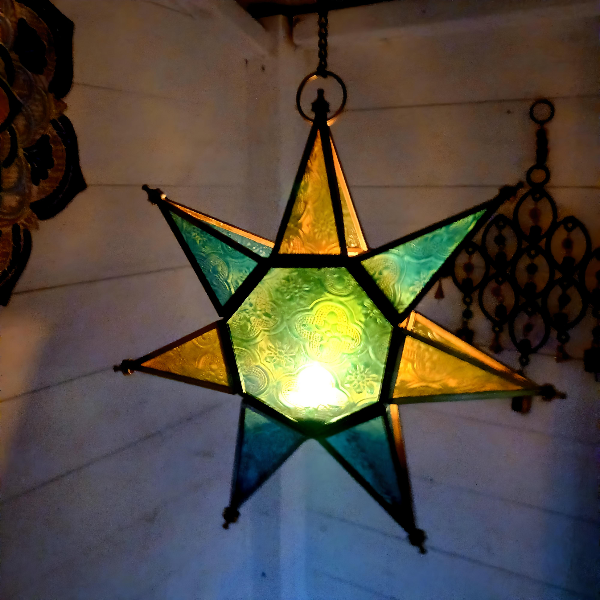 Moroccan Style Star Glass Candle Lantern | Turquoise & Yellow