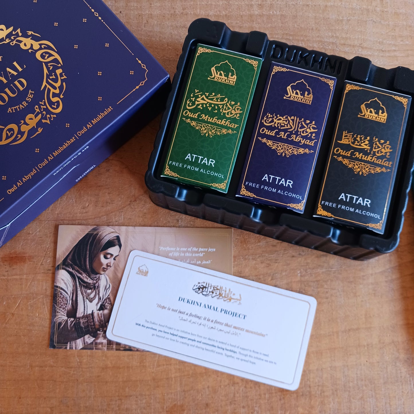 Discover the timeless luxury of the Royal Oud Attar Perfume Oil Set, featuring three exquisite 6ml alcohol-free fragrance oils inspired by the rich traditions of Arabian perfumery. Crafted from highly concentrated perfume oils, these premium attars offer a long-lasting scent that develops naturally on the skin, creating a deeply personal fragrance experience.