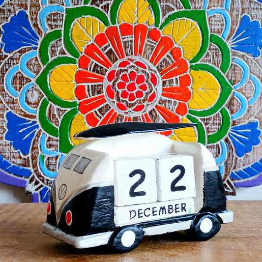 Bring the feeling of endless summer into your space with this cute black and white Camper & Surfboard Perpetual Calendar. Featuring a retro-inspired camper with a surfboard on top, this design captures the spirit of freedom, adventure, and life on the open road.
