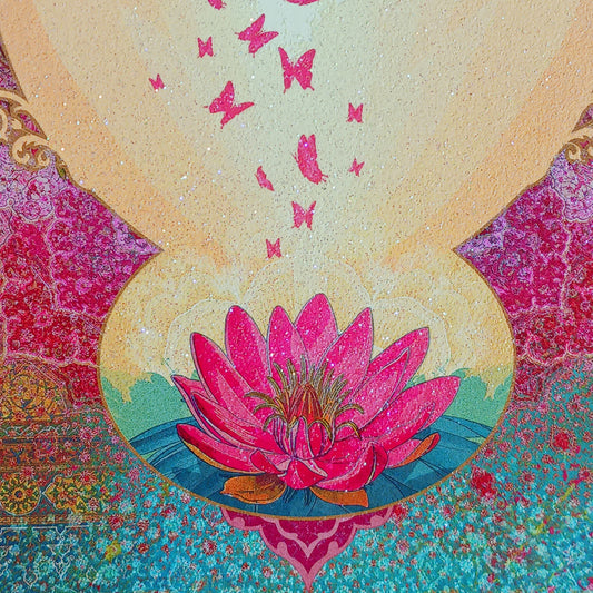 Beautifully illustrated Pink Lotus birthday card.  Inside Reads: Celebrating the day you brightened the world with your unique spirit and beautiful presence! Happy Birthday.