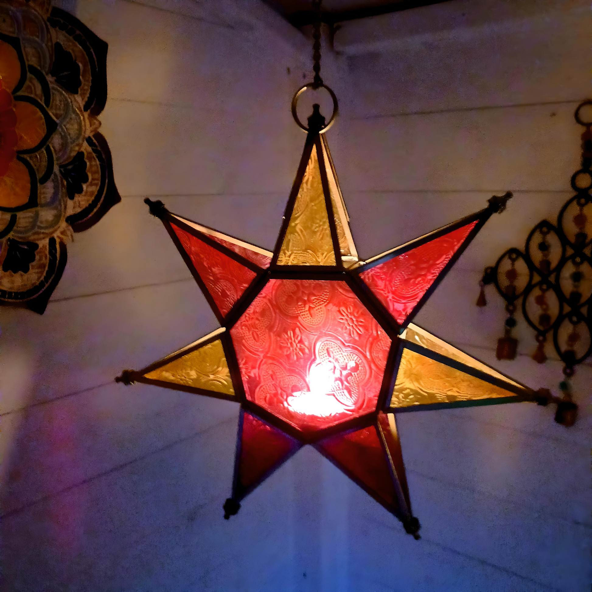 Moroccan Style Star Glass Candle Lantern | Red & Amber