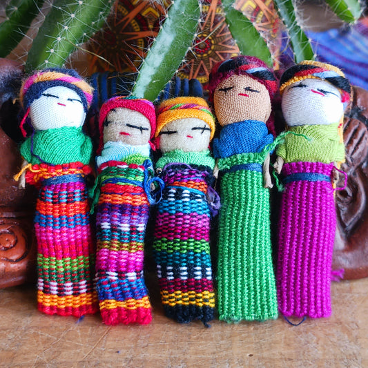 Ease your worries the traditional Guatemalan way with these charming handmade Worry People. In the highland villages of Guatemala, children and adults alike share their worries with tiny worry dolls before bedtime, placing them under their pillow so the worries disappear by morning.