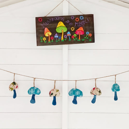 These decorative hanging toadstool garlands will brighten up your home and garden. Handmade in Bangladesh, each of these fun garlands are unique.