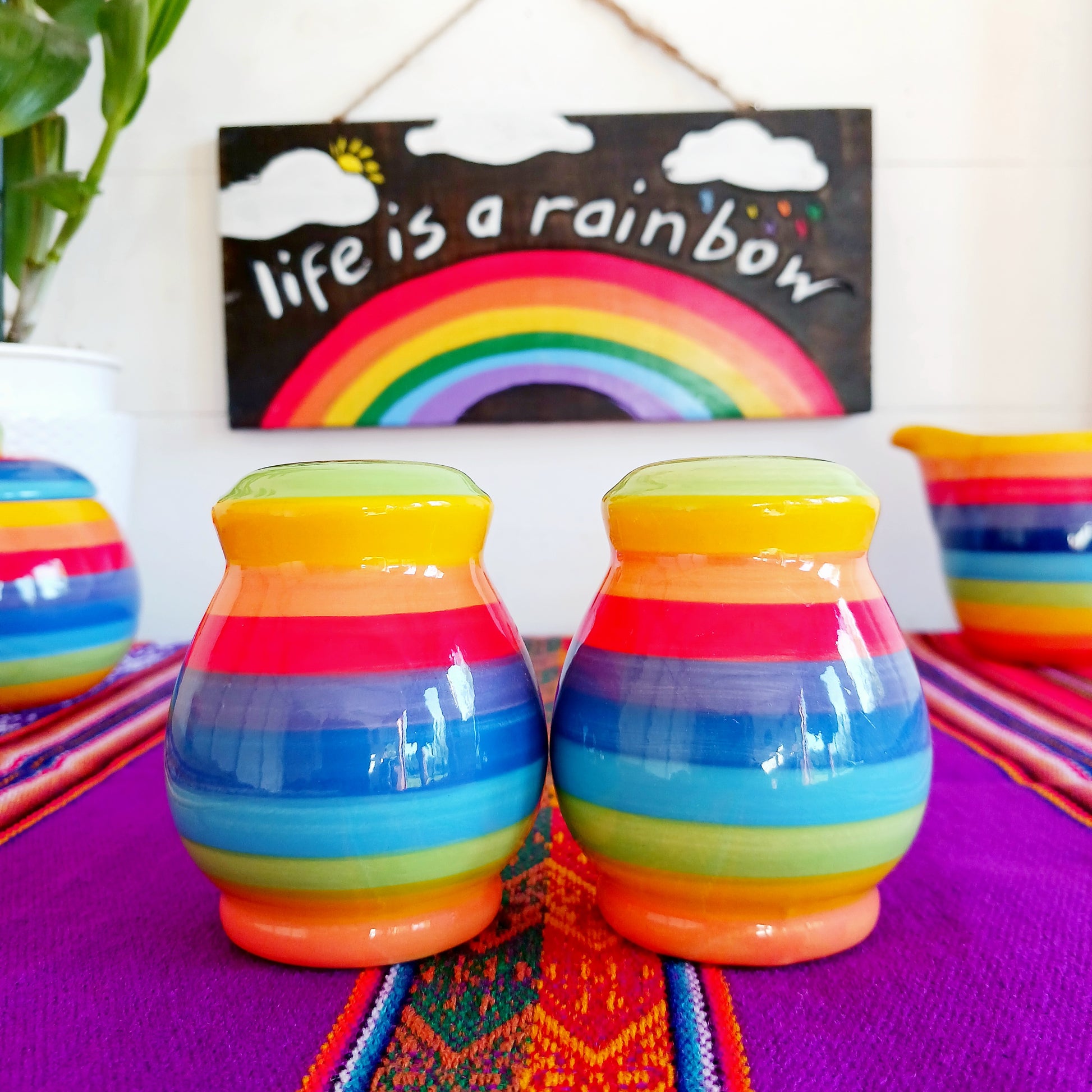 Bring a burst of colour to your dining table with this delightful rainbow stripe ceramic salt and pepper set. Each piece is hand-painted, making every set unique and full of character. The vibrant stripes add a cheerful touch to any home, combining functionality with artistic flair.