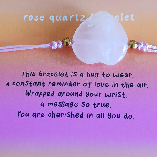 Give the gift of love with this rose quartz crystal heart bracelet. Comes with a “You are loved” card and poem—perfect for someone special.