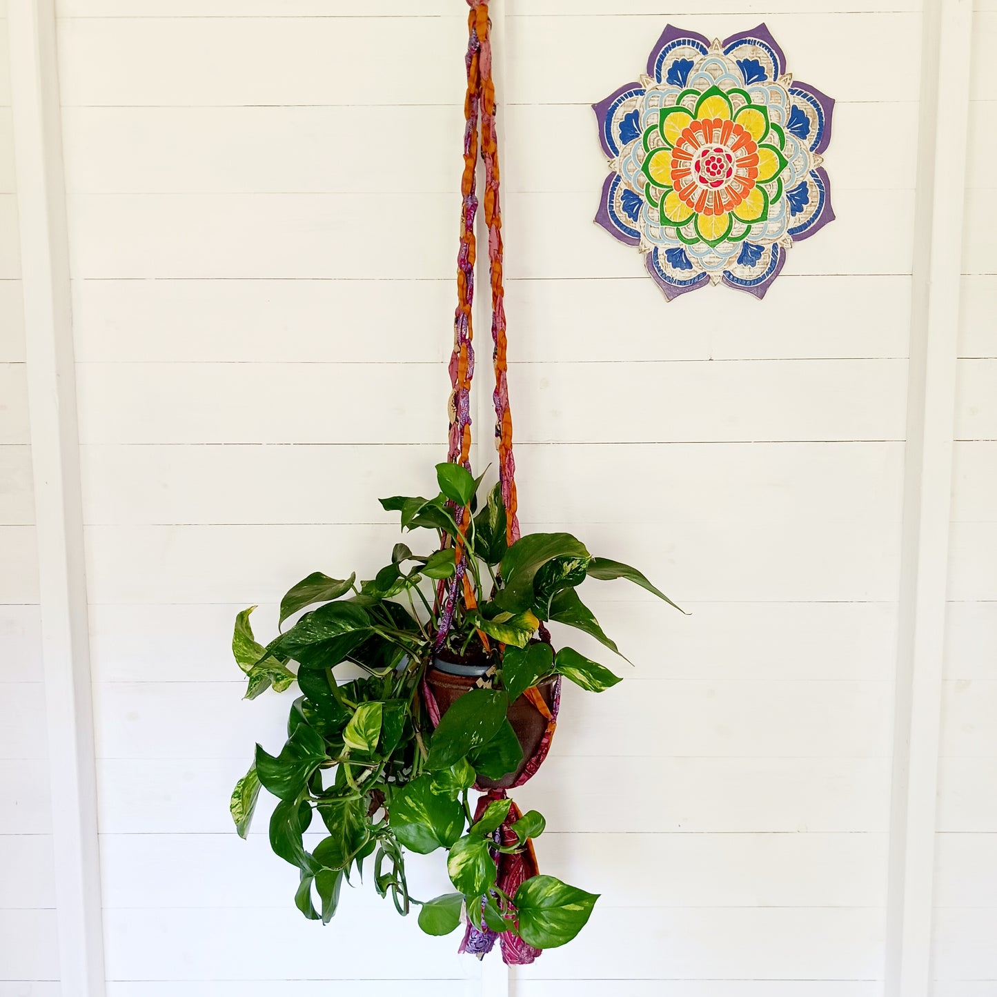 Add a burst of colour and a touch of boho charm to your home with these beautiful Large Recycled Sari Plant Hangers. Each hanger is handcrafted from upcycled sari fabric, giving new life to discarded textiles while ensuring no material goes to waste. Their simple yet elegant design allows them to complement any décor style, from minimal to eclectic. Featuring a sturdy metal ring for easy hanging, they are perfect for showcasing your favourite indoor plants in a sustainable and stylish way.