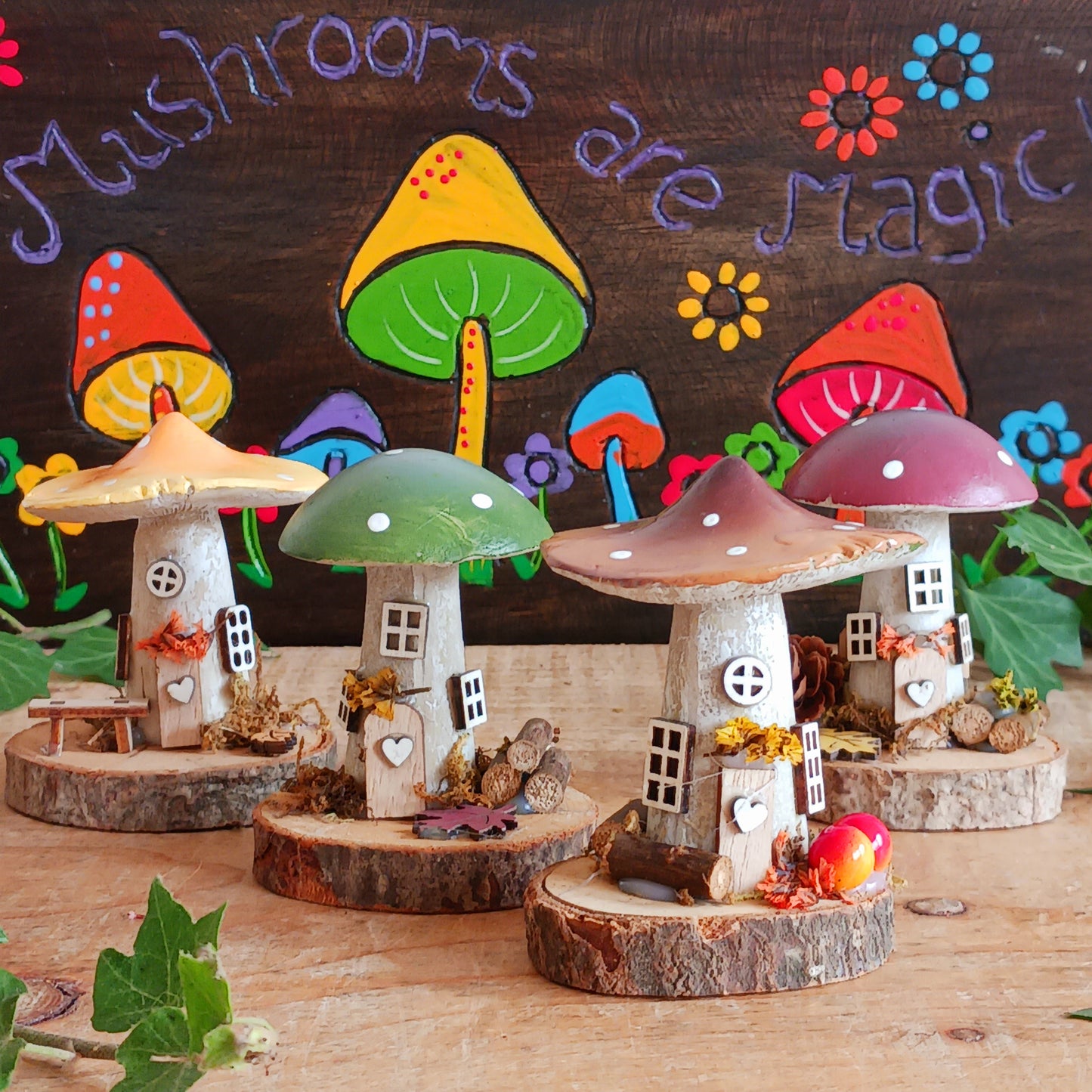 Add a whimsical touch to your home with these charming folk art mushroom cottages. Perfect for all occasions, these handcrafted ornaments are made from high-quality polystone and wood, featuring delightful details and a rustic base made from natural wood slices. Whether placed on a shelf, desk, or windowsill, these miniature cottages bring warmth and personality to any space. Ideal for gifting or as a unique addition to your home décor collection.