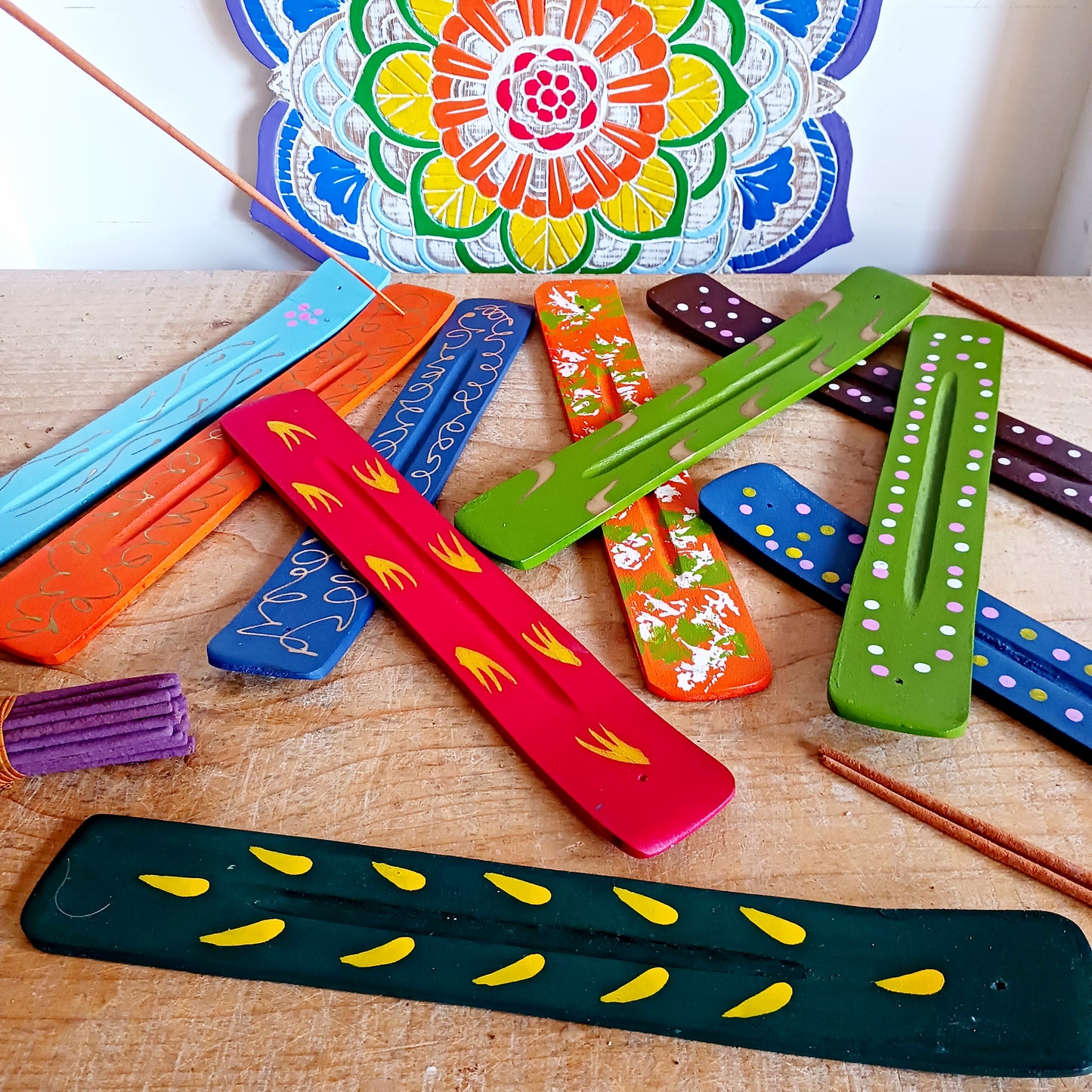 Assorted Hand-Painted Mango Wood Incense Ash Catchers